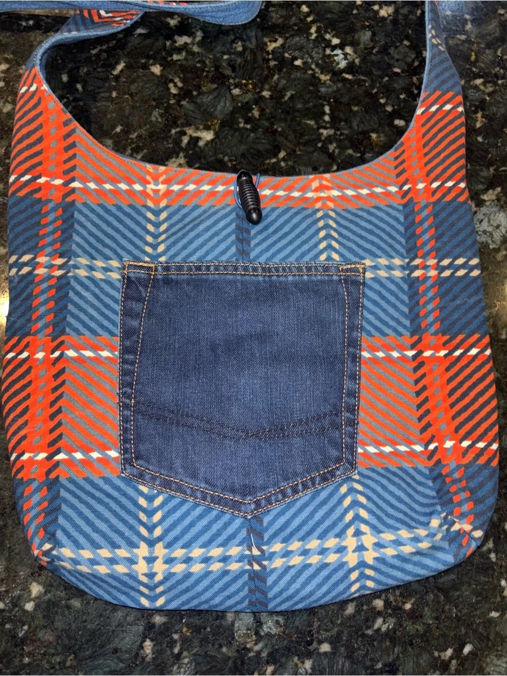 Reversible Handmade Denim & Plaid Crossbody Tote Bag travel reading